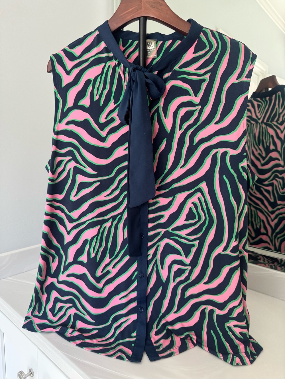 Sleeveless Tie-Neck Button-Down Top in Navy, Pink & Green Zebra Print